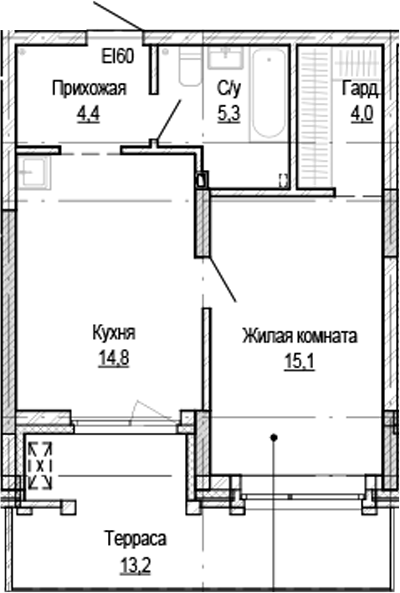 Планировка 1-к.кв 43.64 м² в ЖК «Кварталы Немировича-2»