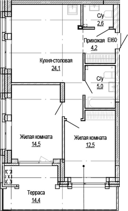 Планировка 2-к.кв 62.88 м² в ЖК «Кварталы Немировича-2»
