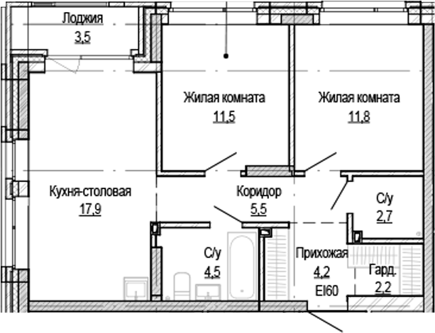 Планировка 2-к.кв 58.60 м² в ЖК «Кварталы Немировича-2»