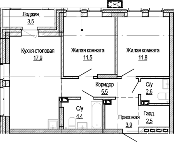 Планировка 2-к.кв 58.40 м² в ЖК «Кварталы Немировича-2»