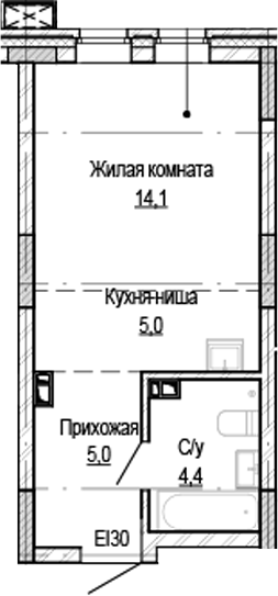 Планировка студии 28.50 м² в ЖК «Кварталы Немировича-2»