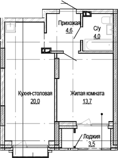 Планировка 1-к.кв 40.00 м² в ЖК «Кварталы Немировича-2»