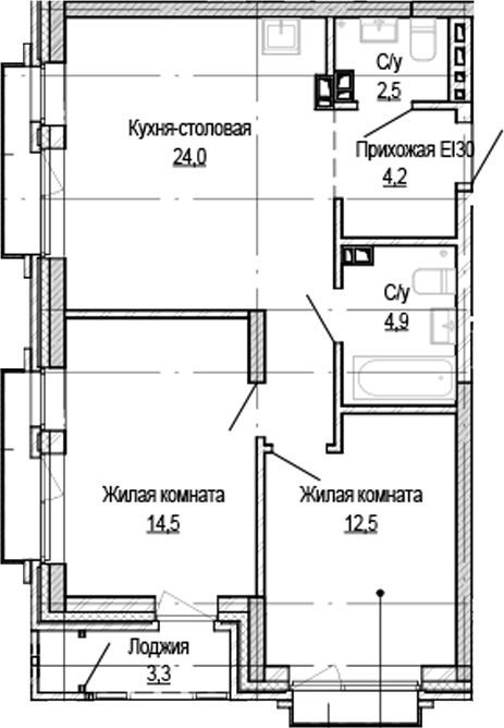 Планировка 2-к.кв 58.40 м² в ЖК «Кварталы Немировича-2»