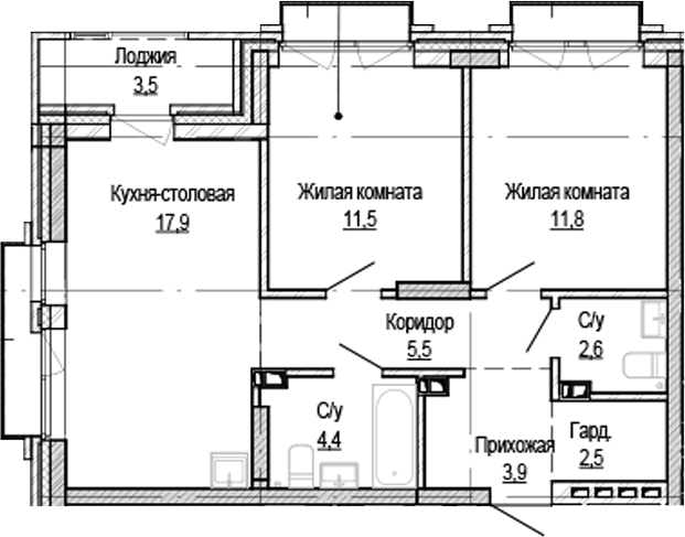 Планировка 2-к.кв 56.20 м² в ЖК «Кварталы Немировича-2»