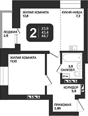 Планировка 2е-к.кв 43.40 м² в ЖК «Никольский парк»