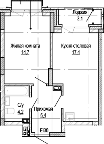 Планировка 1-к.кв 40.60 м² в ЖК «Кварталы Немировича-2»