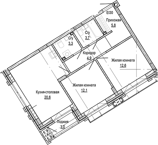 Планировка 2-к.кв 62.95 м² в ЖК «Кварталы Немировича-2»
