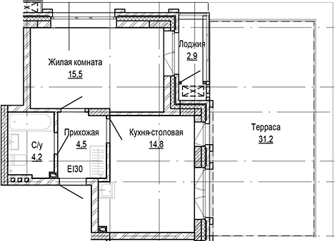 Планировка 1-к.кв 39.09 м² в ЖК «Кварталы Немировича-2»