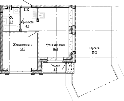 Планировка 1-к.кв 39.74 м² в ЖК «Кварталы Немировича-2»
