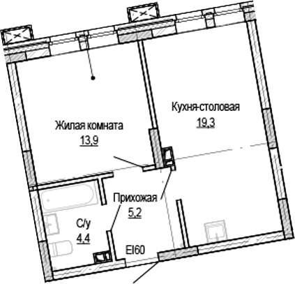 Планировка 1-к.кв 42.80 м² в ЖК «Кварталы Немировича-2»