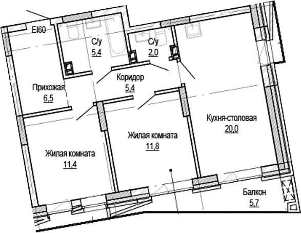 Планировка 2-к.кв 62.55 м² в ЖК «Кварталы Немировича-2»