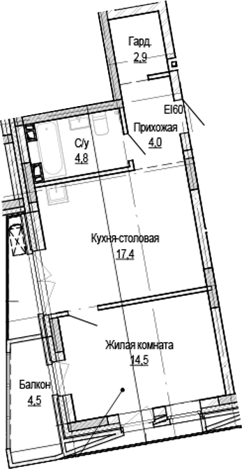 Планировка 1-к.кв 43.74 м² в ЖК «Кварталы Немировича-2»