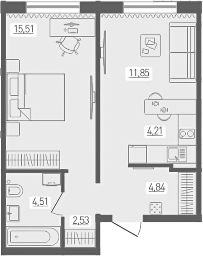 Планировка 2е-к.кв 43.45 м² в ЖК «Радуга Сибири»