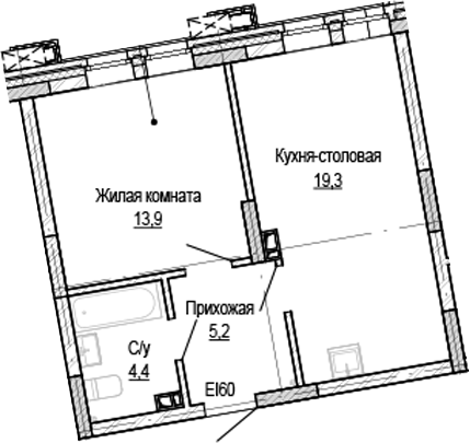 Планировка 1-к.кв 42.80 м² в ЖК «Кварталы Немировича-2»