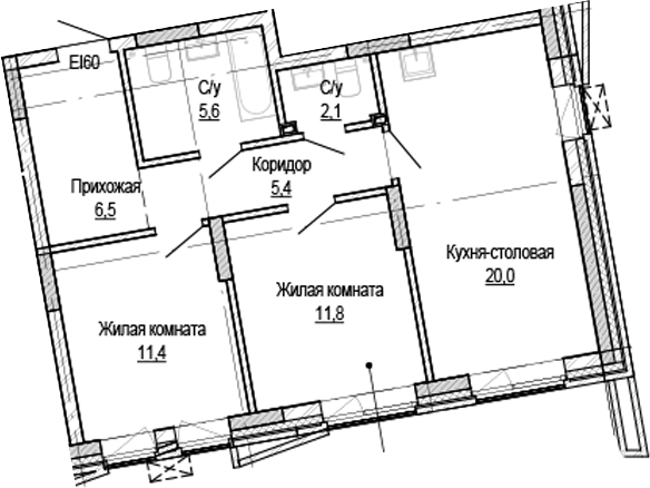 Планировка 2-к.кв 62.80 м² в ЖК «Кварталы Немировича-2»