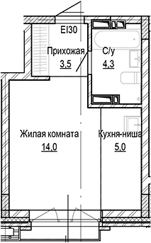 Планировка студии 26.84 м² в ЖК «Кварталы Немировича-2»