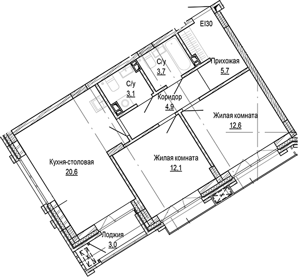 Планировка 2-к.кв 62.65 м² в ЖК «Кварталы Немировича-2»