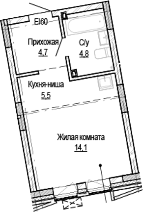Планировка студии 29.10 м² в ЖК «Кварталы Немировича-2»