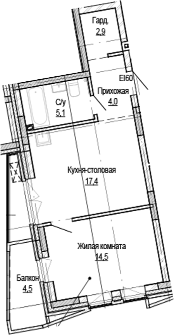 Планировка 1-к.кв 43.96 м² в ЖК «Кварталы Немировича-2»