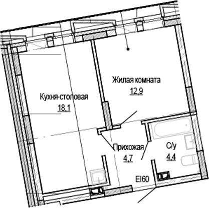 Планировка 1-к.кв 40.04 м² в ЖК «Кварталы Немировича-2»