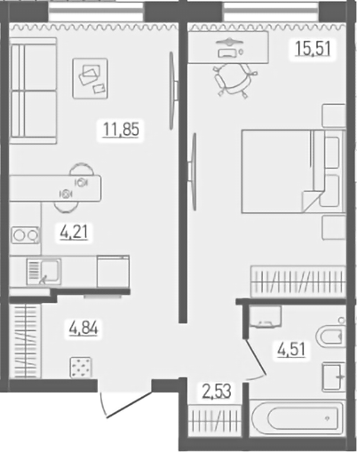 Планировка 2е-к.кв 43.45 м² в ЖК «Радуга Сибири»