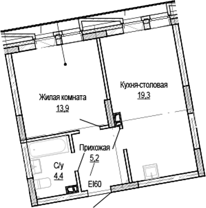 Планировка 1-к.кв 42.74 м² в ЖК «Кварталы Немировича-2»