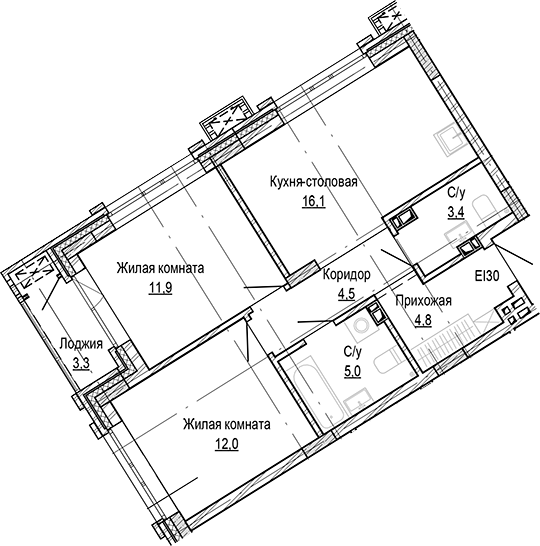 Планировка 2-к.кв 57.75 м² в ЖК «Кварталы Немировича-2»