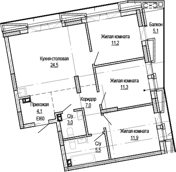 Планировка 3-к.кв 78.55 м² в ЖК «Кварталы Немировича-2»