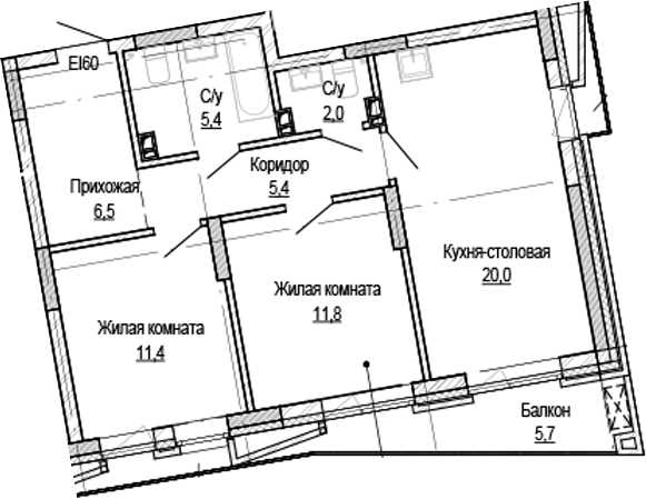 Планировка 2-к.кв 62.55 м² в ЖК «Кварталы Немировича-2»