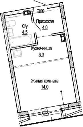 Планировка студии 28.84 м² в ЖК «Кварталы Немировича-2»