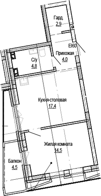 Планировка 1-к.кв 43.74 м² в ЖК «Кварталы Немировича-2»
