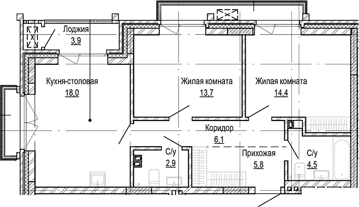 Планировка 2-к.кв 65.48 м² в ЖК «Кварталы Немировича-2»