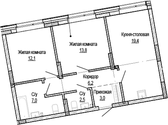 Планировка 2-к.кв 64.00 м² в ЖК «Кварталы Немировича-2»