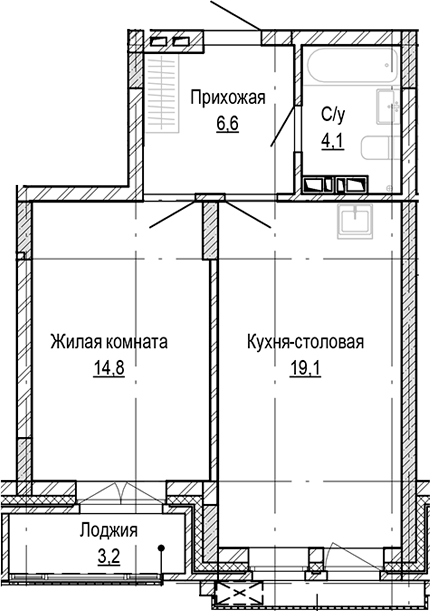 Планировка 1-к.кв 44.62 м² в ЖК «Кварталы Немировича-2»