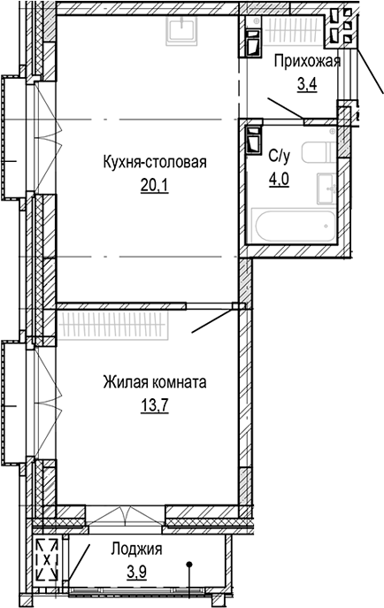 Планировка 1-к.кв 41.25 м² в ЖК «Кварталы Немировича-2»