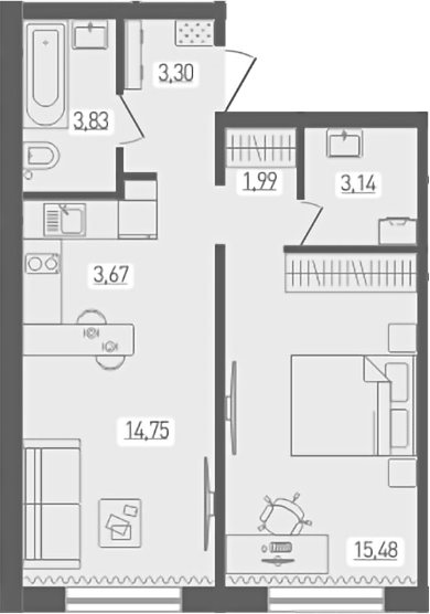 Планировка 2е-к.кв 46.16 м² в ЖК «Радуга Сибири»
