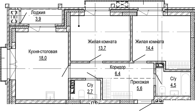 Планировка 2-к.кв 65.33 м² в ЖК «Кварталы Немировича-2»