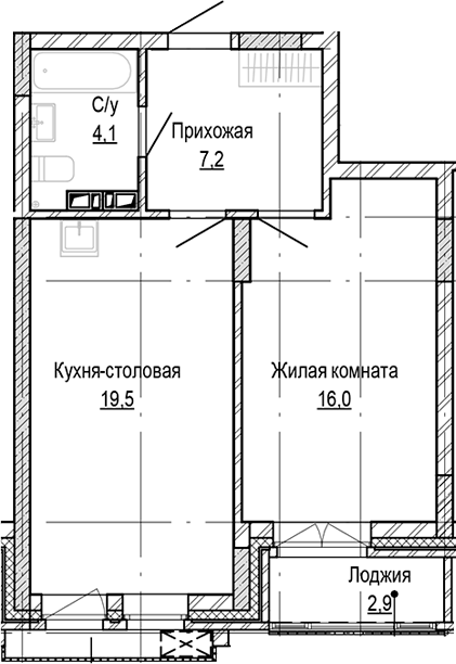 Планировка 1-к.кв 46.90 м² в ЖК «Кварталы Немировича-2»