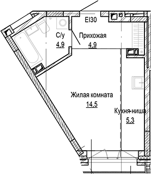 Планировка студии 29.61 м² в ЖК «Кварталы Немировича-2»