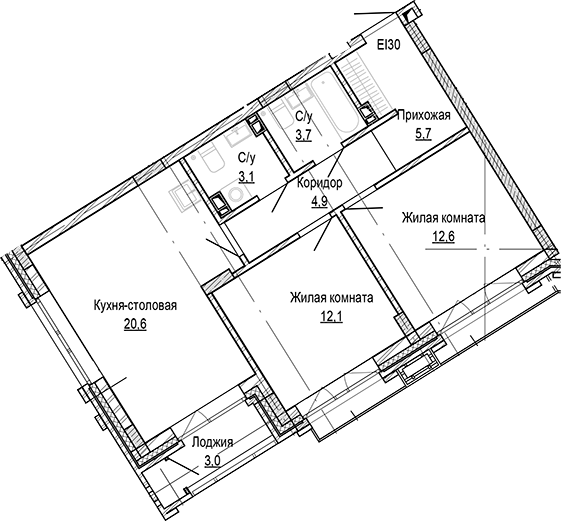 Планировка 2-к.кв 62.65 м² в ЖК «Кварталы Немировича-2»
