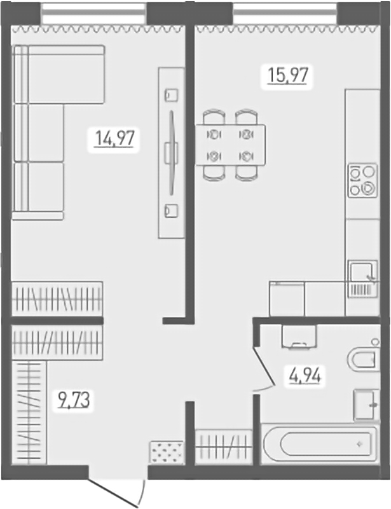 Планировка 1-к.кв 45.61 м² в ЖК «Радуга Сибири»