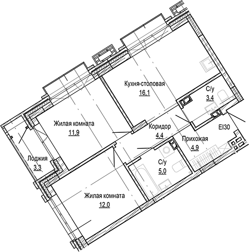 Планировка 2-к.кв 57.69 м² в ЖК «Кварталы Немировича-2»