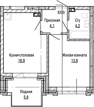 Планировка 1-к.кв 39.10 м² в ЖК «Кварталы Немировича-2»