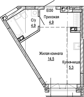 Планировка студии 29.61 м² в ЖК «Кварталы Немировича-2»