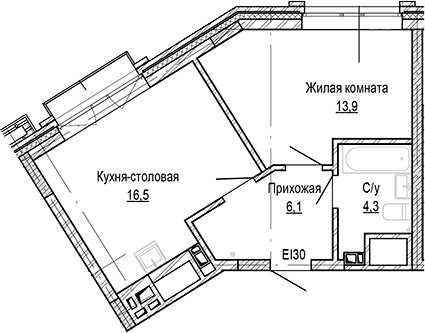 Планировка 1-к.кв 40.77 м² в ЖК «Кварталы Немировича-2»