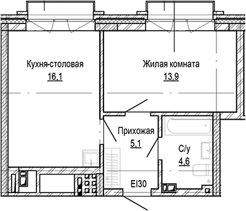 Планировка 1-к.кв 39.64 м² в ЖК «Кварталы Немировича-2»