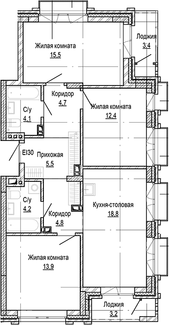 Планировка 3-к.кв 83.77 м² в ЖК «Кварталы Немировича-2»