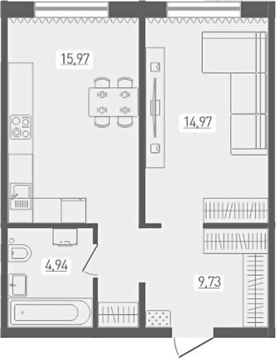Планировка 1-к. квартира 45.61 м² в ЖК «Радуга Сибири»