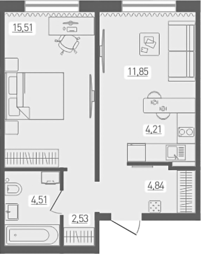 Планировка 2е-к.кв 43.45 м² в ЖК «Радуга Сибири»