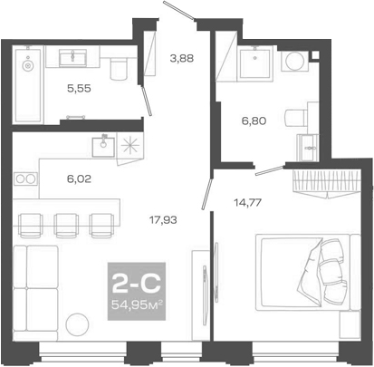 Планировка 2е-к.кв 54.95 м² в ЖК «Пульсар»